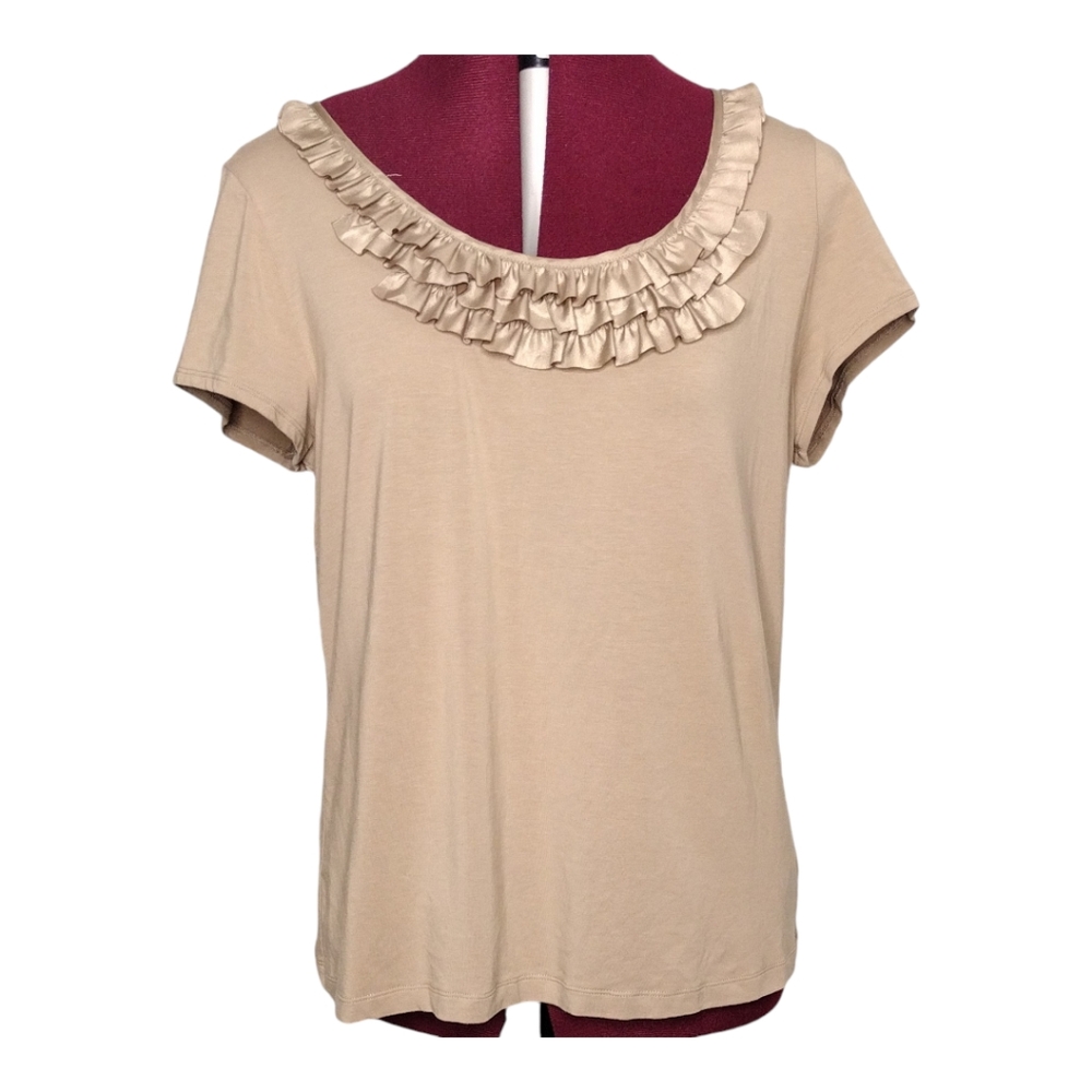 Relativity size XL NWOT women's stretch tan top Satin ruffled neckline